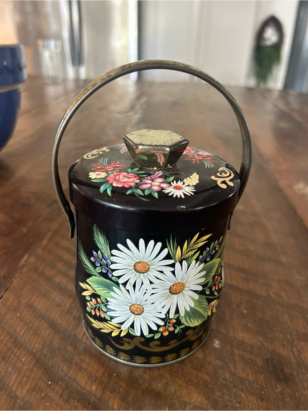 Black Floral Metal Storage Tin with Handle - Decorative Food Canister